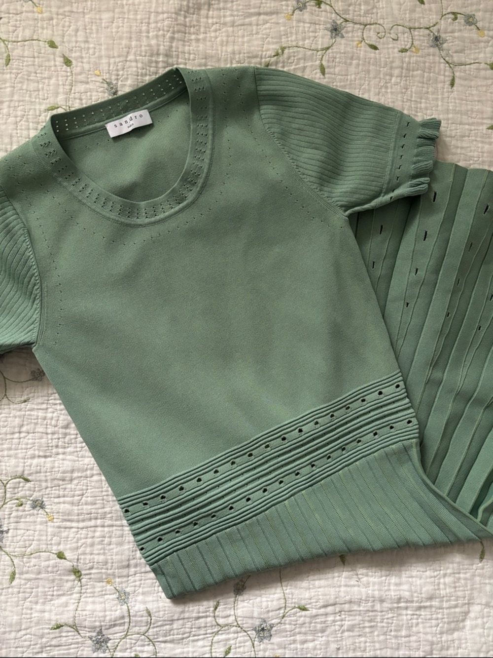 Sandro Paris Etor Eyelet Knit Midi Dress Sage Green Pleated Fit & Flare